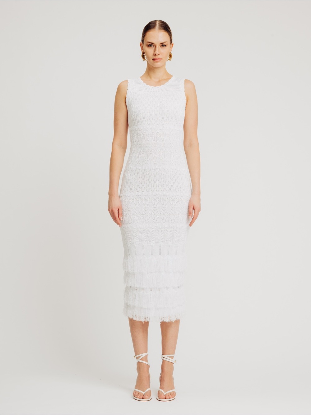 Torn by Ronny Kobo White Sleeveless Midi Knit Dress